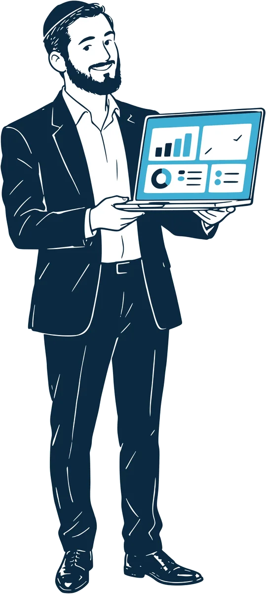 Illustration of a smiling business owner holding a laptop showing a dashboard