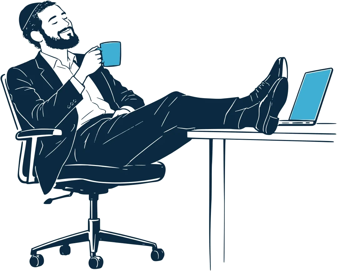 Illustration of a relaxed business owner with his feet up, coffee in hand, while his laptop does the work